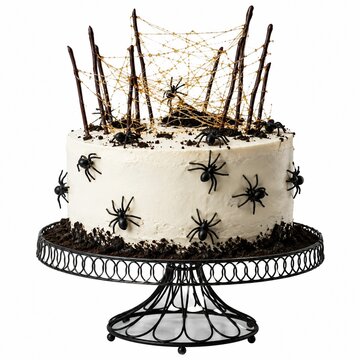 Spooky Halloween cake with spiders on a decorative black cake stand