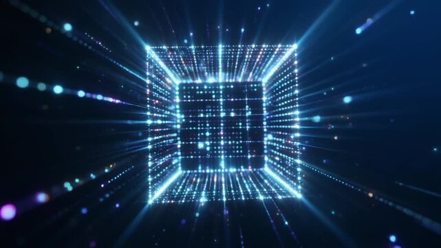 Glowing blue particle stream rising from digital wave floor for cloud upload and big data background