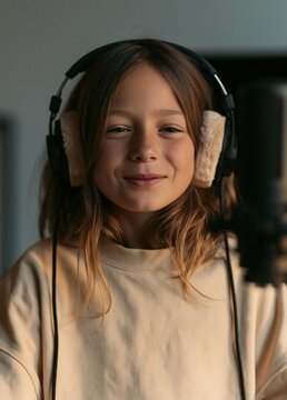 Portrait of a young girl with shoulder-length blonde hair. she is wearing a beige sweatshirt and has a pair of black headphones on her head.