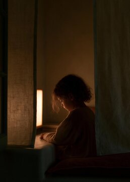 Young girl sitting on a window sill, looking out the window. she is wearing a long-sleeved shirt and her hair is blowing in the wind.