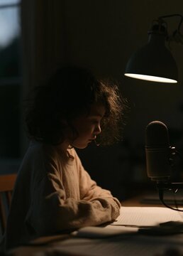 Young girl sitting at a desk with a microphone in front of her. she is wearing a white sweater and has curly hair. the desk is dimly lit, with a lamp on the right side of the image.