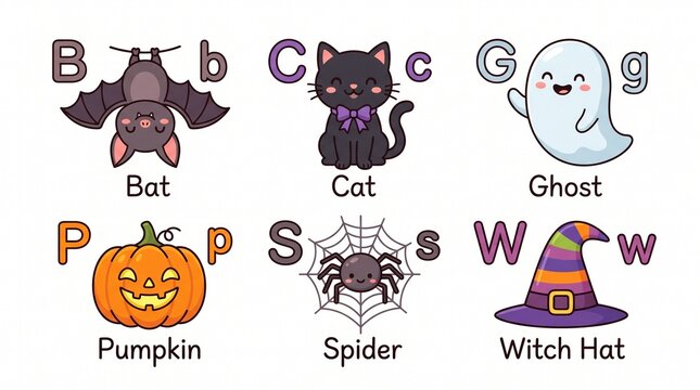 Cute Halloween alphabet flashcards vector set photo, kawaii Halloween alphabet chart with bat cat ghost pumpkin spider and witch hat, and educational nursery graphic.