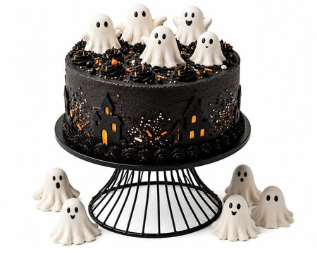 Black Halloween cake decorated with cute white ghost sugar figures