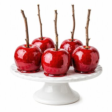 Five shiny red candy apples on a white cake stand