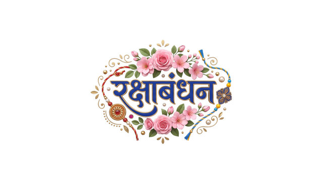 Raksha bandhan greeting with pink roses and traditional rakhi isolated on transparent background