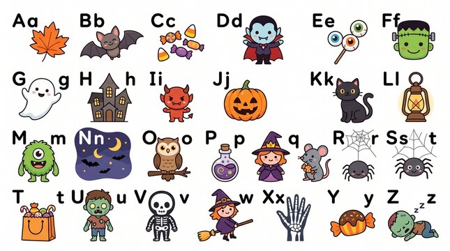 Cute halloween alphabet chart vector illustration, A to Z kawaii halloween characters and symbols poster, and kids educational alphabet worksheet. Flat and modern vector design.
