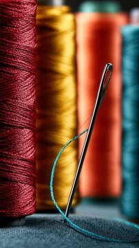 Macro photograph of sewing needle threaded with blue thread surrounded by blurred colorful spools in background for crafting concept