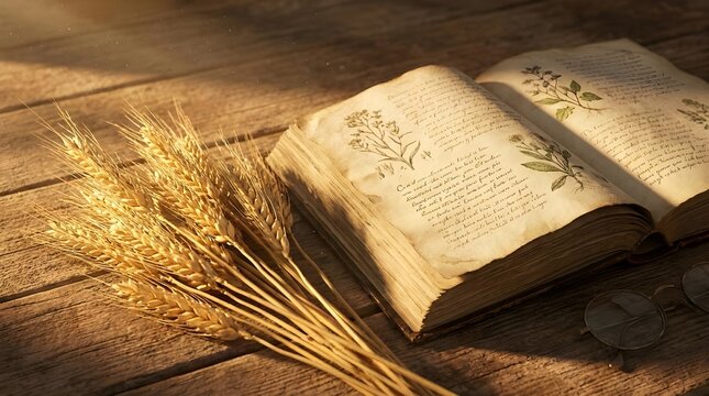 Wheat stalks beside open book agriculture literacy prosperity concept