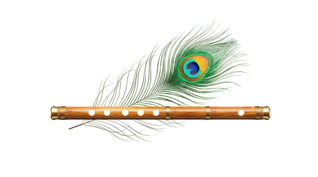 Wooden flute with a vibrant peacock feather isolated on transparent background