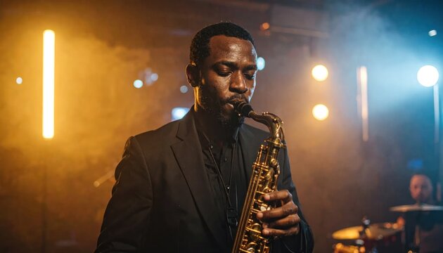 Talented African American Saxophonist Performing Live Music Concert on Stage.