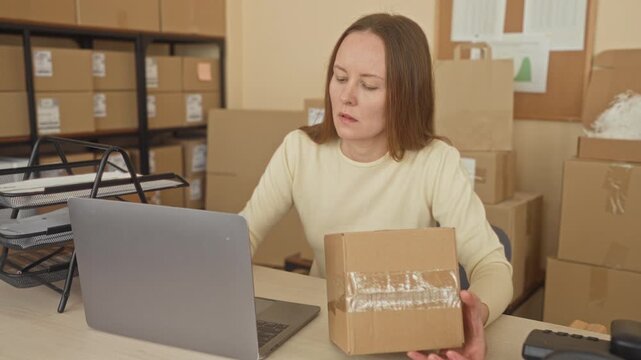 Woman holding parcel and looking at laptop at packing desk in building; small business concentration.