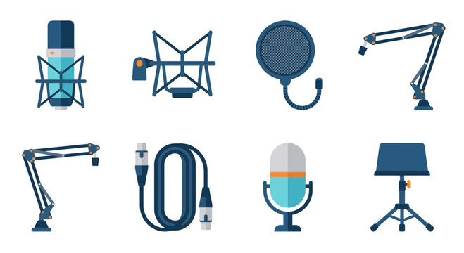Audio recording equipment featuring microphones stands and cables for broadcasting.