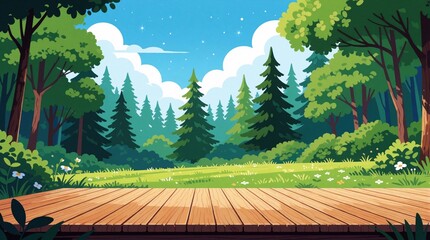 Obraz premium Wooden deck overlooks green forest landscape. Pine trees and leafy branches reach toward blue sky. Sunny meadow with flowers provides natural outdoor scene.