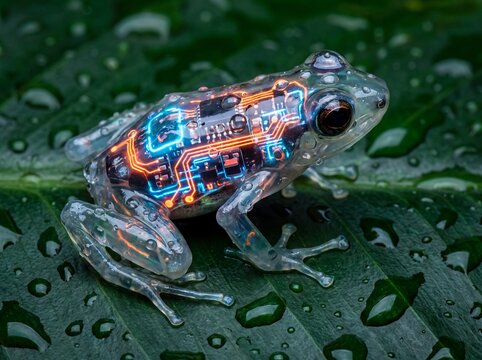 Transparent cybernetic frog with glowing circuitry sits on a wet green leaf, blending nature and technology.