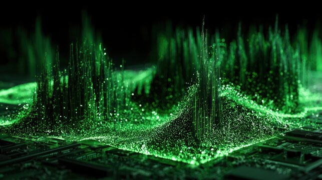 Abstract digital landscape of glowing green data streams on a circuit board