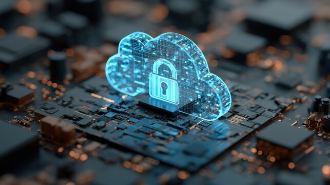 Digital cloud security symbol with padlock on circuit board