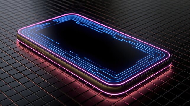 Futuristic smartphone with glowing neon blue and pink circuit lines on a dark textured surface