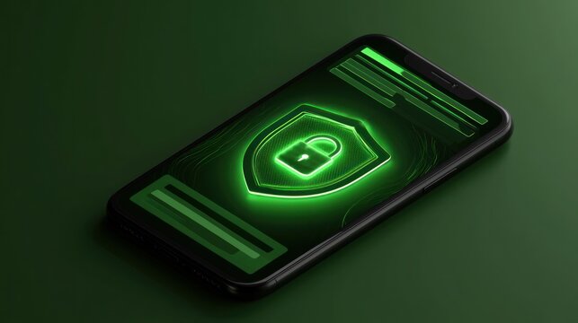 Smartphone displaying glowing green digital security shield with padlock icon