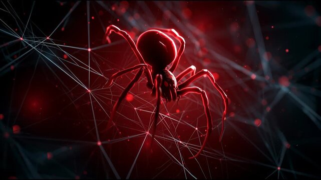 A red spider navigates through a frosted network web while displaying its skills in pattern creation during nighttime.