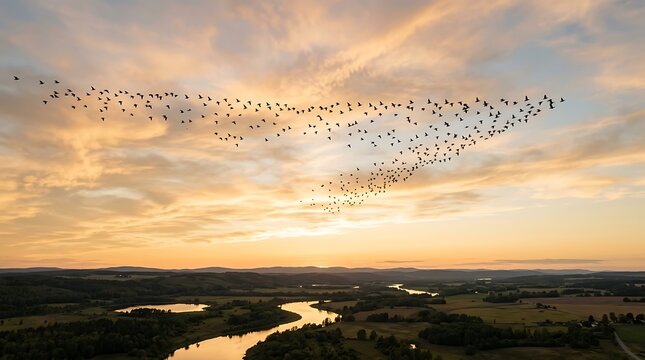 Flock of birds flying over a river landscape during a beautiful golden sunset sky.