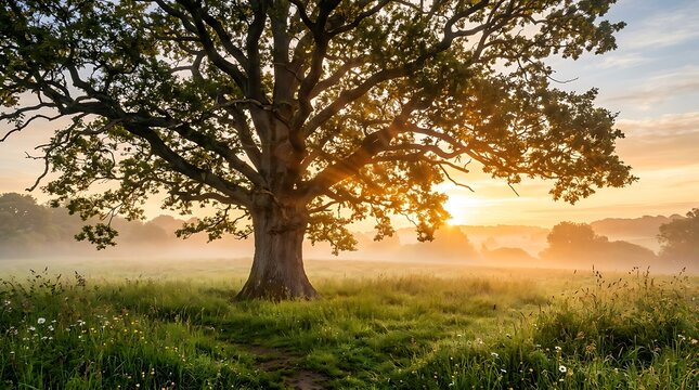 Ancient oak tree in a misty meadow at sunrise, golden hour landscape scenery.