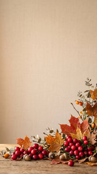 autumn leaves and cranberries on background