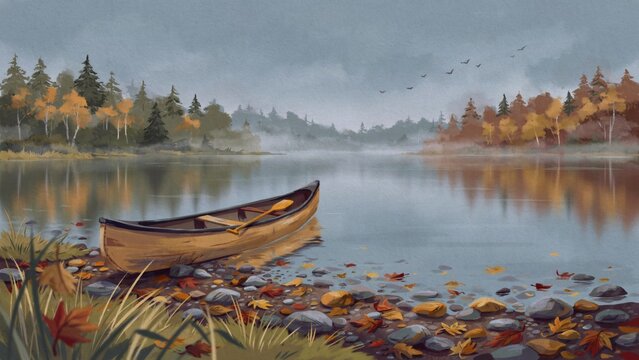 Wooden canoe resting upon a misty autumn lakeshore under a moody overcast sky landscape art with shoreline surrounded vibrant depicts solitary wooden