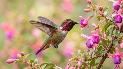 Anna's hummingbird hovering near pink fuchsia flowers in a garden © Sharifa