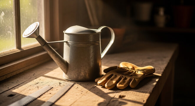 Gardening tools and watering can on shed table
