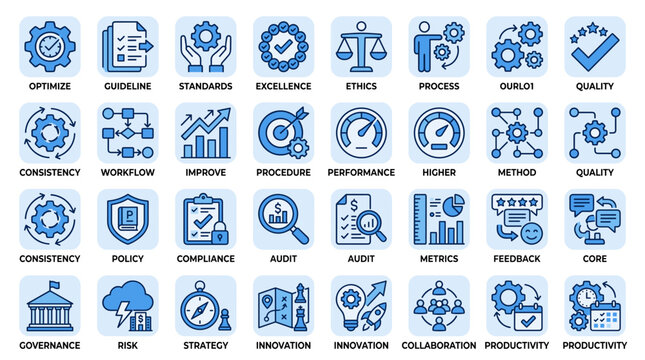 Business management compliance and quality control vector icon set featuring optimize guidelines standards audit policy governance risk symbols