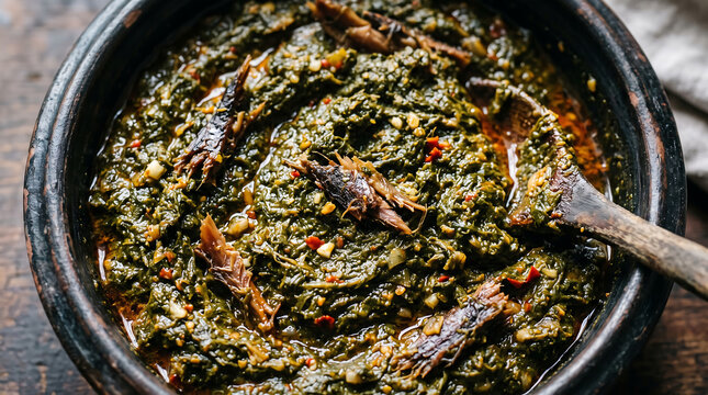 Traditional Cassava Leaf Stew Cooking with Smoked Fish in Clay Pot Close-Up