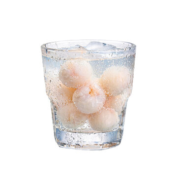 Cold drink with condensation on glass filled with lychee fruit and ice cubes refreshing png