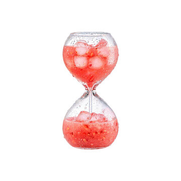 Cold drink with condensation on unique hourglass glass filled with red beverage and ice cubes in png format