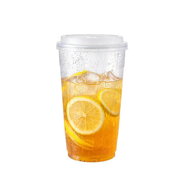 Cold drink with lemon slices and condensation on plastic cup with ice, refreshing and thirst quenching png image