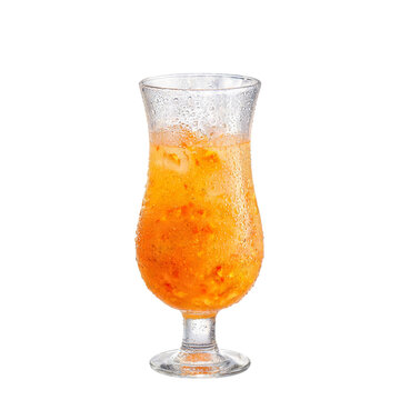 Cold drink with condensation on glass filled with orange beverage and ice cubes refreshing png