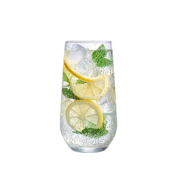Cold drink with lemon slices and mint leaves shows condensation on glass in refreshing png image