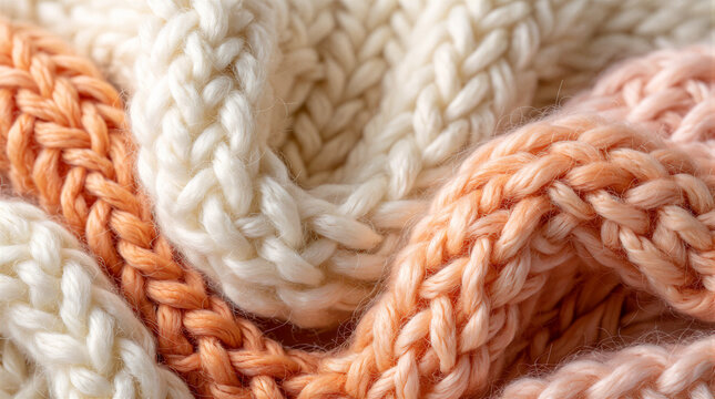 Macro texture displaying thick chunky yarn intertwined with complex knitted wool patterns and soft cashmere threads