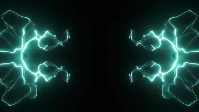Soft warm-teal plasma mass splits into two glowing fragments, connective tendrils thinning and releasing as fragments drift apart against deep black, creating dramatic futuristic energy motion.