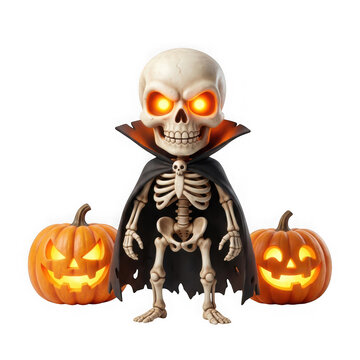 Cute cartoon skeleton character wearing a cape standing between two glowing jackolanterns isolated on transparent background