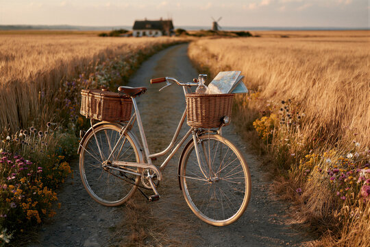 Vintage bicycle on rural path through golden wheat fields at sunset, basket with map and wildflowers, warm cinematic light and open sky copy space, perfect for sustainable travel campaigns