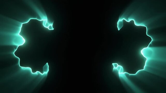 Soft warm-teal plasma mass splits into two glowing fragments, connective tendrils thinning and releasing as fragments drift apart against deep black, creating dramatic futuristic energy motion.