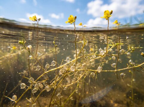Underwater View of Utricularia Vulgaris Bladderwort Plant with Yellow Flowers Above Water