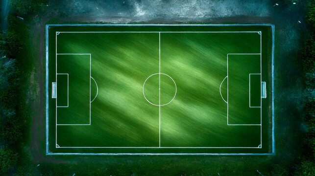 Empty soccer field aerial view with marked lines green grass texture
