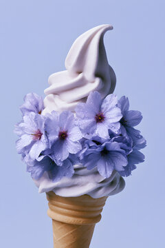 White Soft Serve Cone With Periwinkle Lavender Flowers