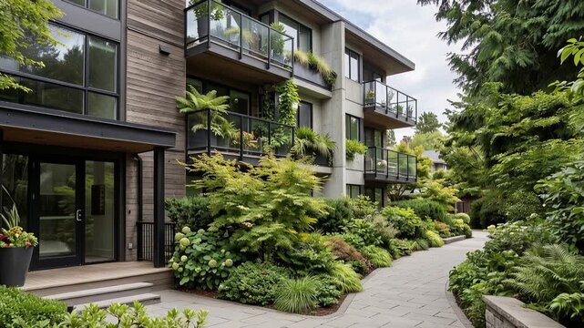Stylish modern residential building surrounded by lush trees and vibrant greenery, elegant architecture, 4K video