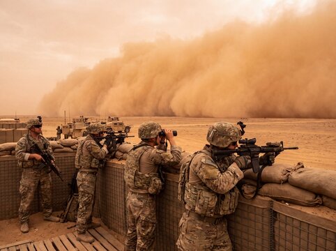 US Soldiers on high alert, defending a desert outpost against a massive sandstorm, ready for action with weapons