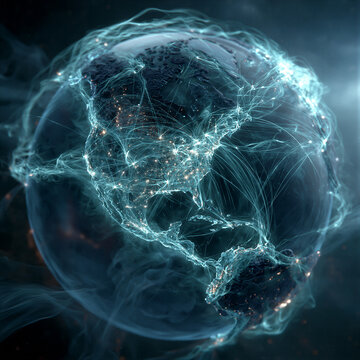 Holographic blue globe with glowing cyan flight network, luminous nodes, dark cosmic background with volumetric rays. Right copy space suits airline, tourism, and tech campaign hero layouts.