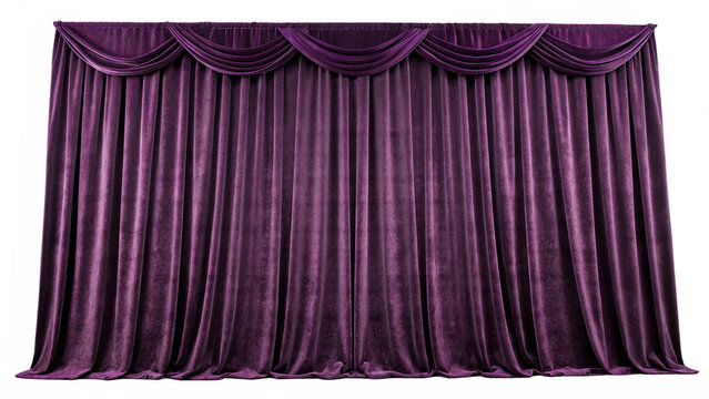 Elegant dark purple velvet stage curtain isolated on transparent background for theater show