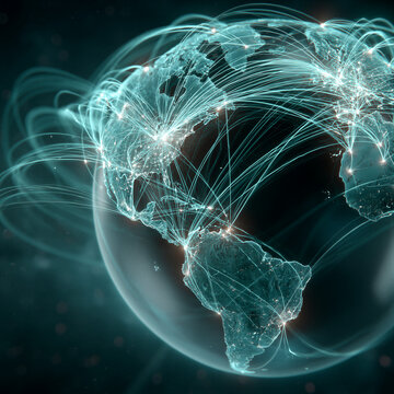 Holographic blue globe with glowing cyan flight network, luminous nodes, dark cosmic background with volumetric rays. Right copy space suits airline, tourism, and tech campaign hero layouts.