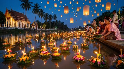 Fototapeta premium People celebrating Loy Krathong festival by releasing floating lanterns and baskets on the river in Thailand.